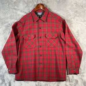 Vintage Pendleton Board Shirt Large Red Plaid Flap Pocket Loop Collar Wool USA